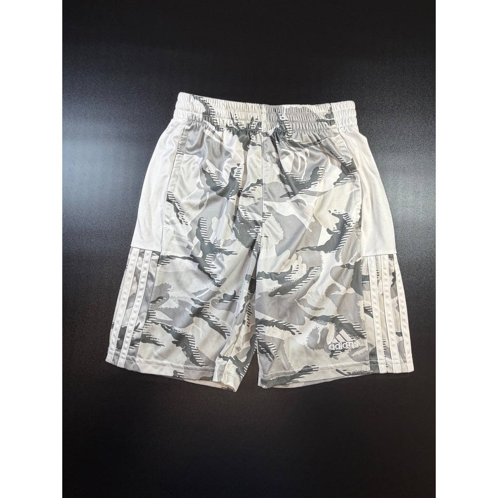 Adidas Boys Grey White‎ Camo Athletic Shorts Size M 10/12 Three Stripe Mesh J10
